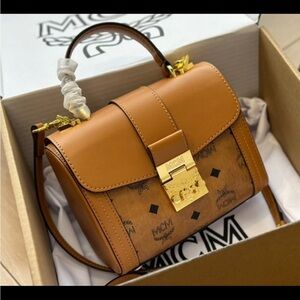 MCM Tracy Satchel Small Visetos Cognac